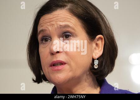 London, UK. 08 Feb 2024. Pictured: President of Sinn Fein Mary Lou McDonald speaks at a press conference organised by the The Foreign Press Association at The Royal Over-Seas League. Credit: Justin Ng/Alamy Stock Photo