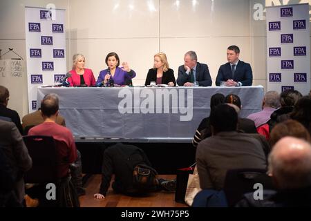 London, UK. 08 Feb 2024. Pictured: Newly elected Northern Ireland First Minister Michelle O'Neill (L), President of Sinn Fein Mary Lou McDonald (2nd Left), Conor Murphy - Minister of Finance of Northern Ireland (2nd Right), John Finucane (R) at a press conference organised by the The Foreign Press Association at The Royal Over-Seas League. Credit: Justin Ng/Alamy Stock Photo