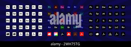 Adobe products. Logotype set of adobe apps: illustrator, photoshop, creative cloud, after effects, lightroom, premiere pro. Programs logos collection. Stock Vector