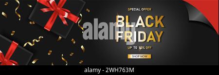 Black friday vertical sale banner with realistic gift box and ribbon text on black background. Vector illustration Stock Vector