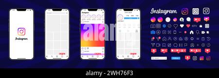Instagram design. Set screen social media and network interface template. Photo frame. Stories, liked, stream, feedback, personal profile, chat, Reels Stock Vector
