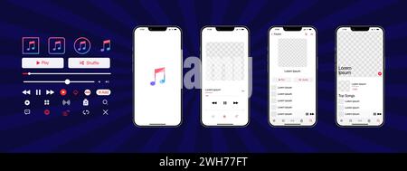 Apple music mockup. Music app. Application template on Iphone mockup. Subscription music player. Profile, Song, Album, Playlist. Pause, note, search, Stock Vector