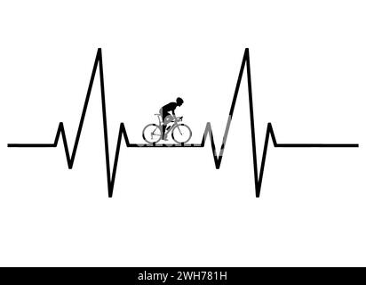A cyclist on his bicycle is seen on an EKG graph line in this illustration about exercese and heart health. Stock Photo