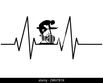 A woman on a stationary bike at the gym works out on a background of an EKG chart in this illustration about health and heart health. Stock Photo