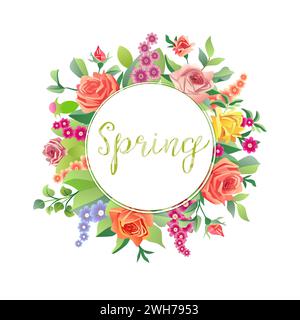 Spring wreath. Floral icon. Hello spring greetings. Decorative concept. Vintage logo with 3D roses and leaves. Isolated template. Beautiful banner. Stock Vector