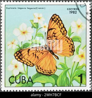 Cancelled postage stamp printed by Cuba, that shows Mexican Fritillary (Euptoieta hegesia), circa 1982. Stock Photo