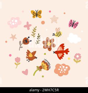 Spring set flowers and birds, hearts in trendy pastel colors and minimalism style. Boho flat concept. For web, card, poster, cover, tag, invitation, s Stock Vector