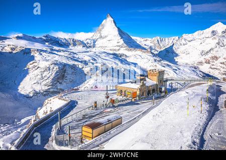 Gorngerat cogwheel railway station and Matterhorn peak in Zermatt ski area view, Valais region in Switzerland Alps Stock Photo