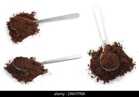 Spoon with ground coffee over white background collage Stock Photo