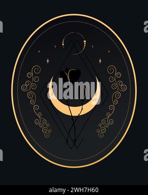 Abstract celestial emblem with a crescent, stars and flowers on black background. Vector illustration Stock Vector