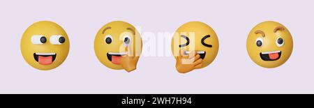 3d emoji funny set. Yellow Glossy 3d Emotions face. icon isolated on gray background. 3d rendering illustration. Clipping path. Stock Photo