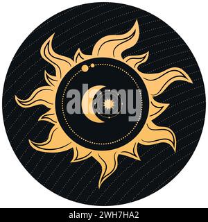Abstract celestial emblem with a sun, crescent and star. Vector illustration Stock Vector