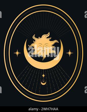 Abstract celestial emblem with a golden sun, crescent and stars on black background. Vector illustration Stock Vector