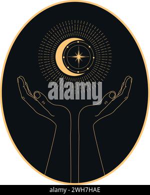 Abstract celestial emblem with human hands holding shining crescent and star. Vector illustration Stock Vector