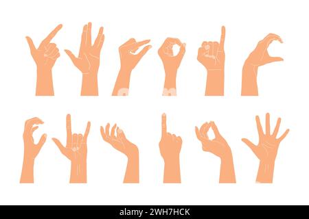 Set of raised human hands showing different gestures. Vector illustration of human hands Stock Vector