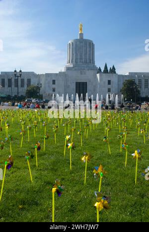 State Capitol with pinwheel field, Oregon State Capitol grounds, Salem, Oregon Stock Photo
