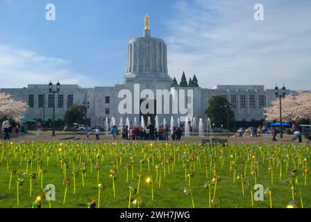 State Capitol with pinwheel field, State Capitol State Park, Salem, Oregon Stock Photo