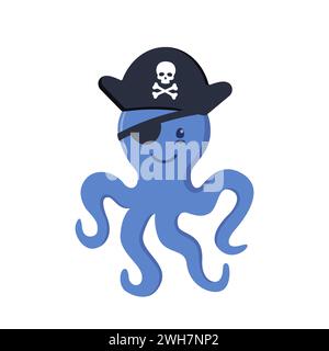 Cute octopus pirate character in pirate hat with skull and bones. Vector illustration Stock Vector