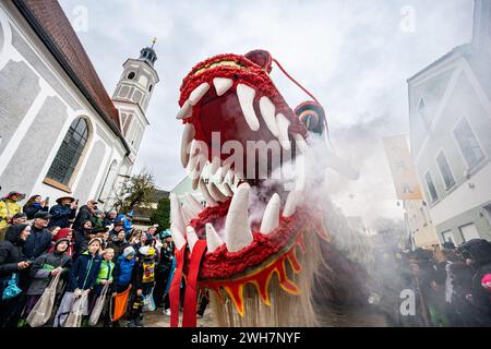 Dietfurt, Germany. 08th Feb, 2024. A Chinese dragon can be seen in the parade at the traditional Chinese carnival. As every year on 'Nonsensical Thursday', jesters dressed as Asians parade through the town. The Chinese carnival goes back to a legend according to which the people of Dietfurt simply left a tax collector standing outside the town wall in the Middle Ages. The treasurer is said to have subsequently complained to the bishop, his employer, that the people of Dietfurt were hiding behind their wall 'like the Chinese'. Credit: Armin Weigel/dpa/Alamy Live News Stock Photo