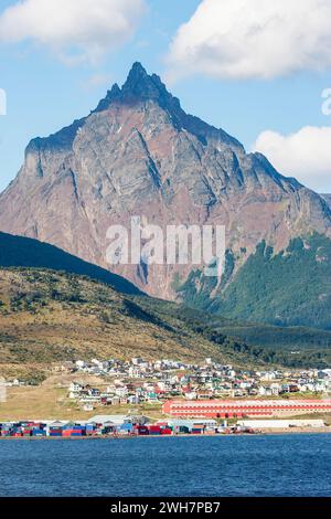 view of the city of Ushuaia with the Andes mountains in the background Stock Photo