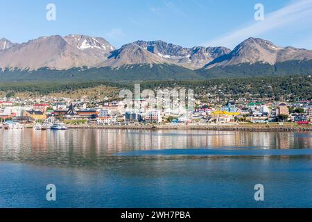 view of the city of Ushuaia with the Andes mountains in the background Stock Photo