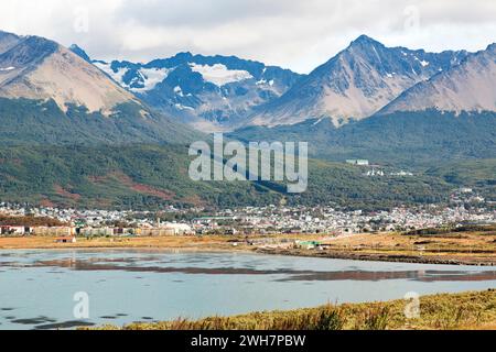 view of the city of Ushuaia with the Andes mountains in the background Stock Photo