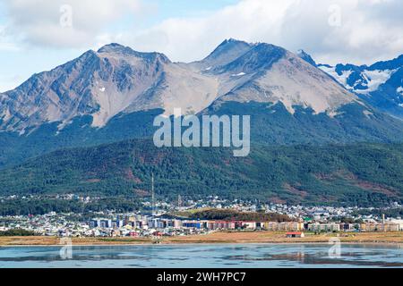 view of the city of Ushuaia with the Andes mountains in the background Stock Photo