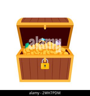 Treasure chest full of gold coins, crystal gems and jewellery. Symbol of pirates, adventure, treasure. Vector illustration Stock Vector