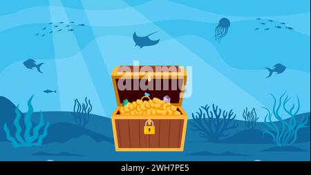 Underwater scenery with open pirate treasure chest on bottom. Vector illustration Stock Vector