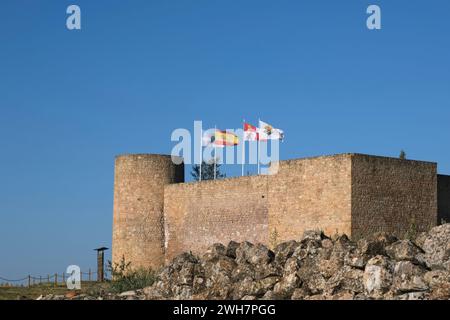 flags fly over the Alcazaba castle, Medinaceli, Soria, Castile and León, Spain,Europe Stock Photo
