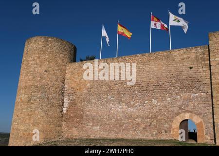 flags fly over the Alcazaba castle, Medinaceli, Soria, Castile and León, Spain,Europe Stock Photo