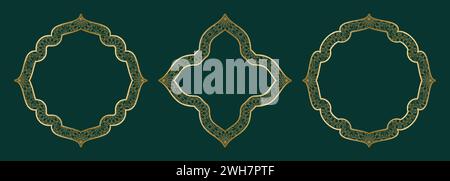 Gold geometric ornamental frame, round and square shapes Islamic window with girikh pattern, silhouette Arabic rhombus. Luxury set in oriental style Stock Vector