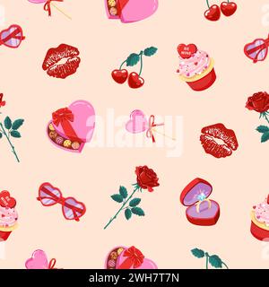 Cute seamless pattern with Valentine's Day items on peach background. Handmade vector illustration Stock Vector