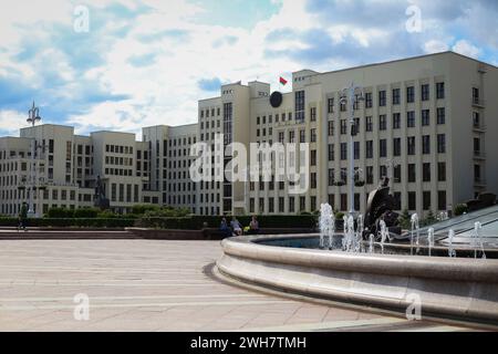 White Government Parliament Building And Independence Square in Minsk, Belarus Stock Photo