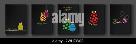 Happy Easter set black card and colorful eggs in geometric design texture, decorations and writings in gold foil. Luxury greeting card collection Stock Vector