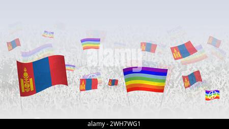 People waving Peace flags and flags of Mongolia. Illustration of throng celebrating or protesting with flag of Mongolia and the peace flag. Vector ill Stock Vector