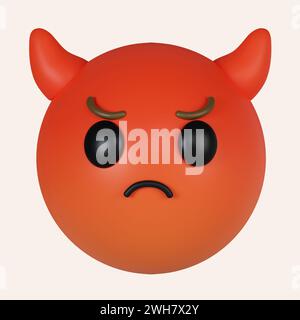 3d emoticon smiling with horns, devil emoji. Red face devil emoji. icon isolated on gray background. 3d rendering illustration. Clipping path. Stock Photo