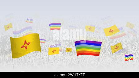 People waving Peace flags and flags of New Mexico. Illustration of throng celebrating or protesting with flag of New Mexico and the peace flag. Vector Stock Vector