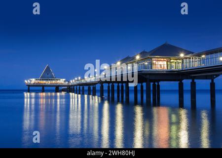 Heringsdorf Pier / Seebrücke Heringsdorf illuminated at night in the Baltic Sea on the island of Usedom,  Mecklenburg-Vorpommern, Germany Stock Photo