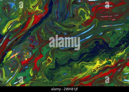 Mixed colors. Acrylic Pouring and Fluid Art. Swirling marbled effect where liquid acrylic paint is poured onto a canvas background. Stock Photo