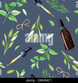 Watercolor seamless pattern with aromatic herbs with bottles of serum. Illustrations of fresh rosemary, mint, sage isolated on background. Detail of b Stock Photo