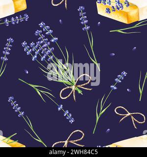 Watercolor seamless pattern with lavender and soap illustration isolated on white background. Detail of beauty products and botany set, cosmetology an Stock Photo