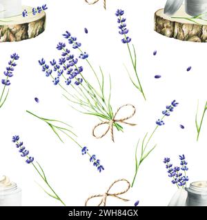 Watercolor seamless pattern with face cream in a jar and bottle of serum on a wooden saw cut with lavender isolated on white background.Beauty product Stock Photo