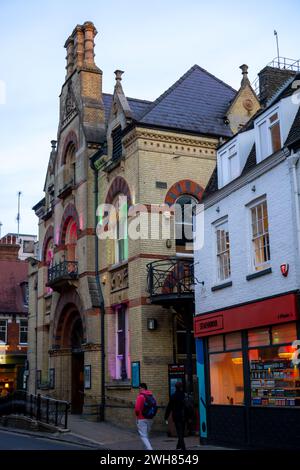 The illuminated front of the Cambridge Corn Exchange events and concert venue located on Wheeler Street in Cambridge UK Stock Photo