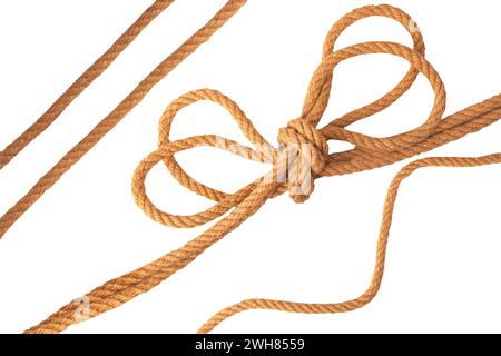 Collection ropes. Closeup of figure eight node from two brown ropes and other set of Navy and angler or sailors knot. Stock Photo