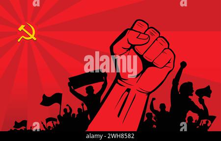 Raised fist street protest  above crowd rebels with flags and streamer. Revolution vector template with hammer and sickle on red background Stock Vector