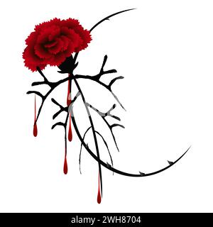 A dark red carnation flower with thorns and blood drops, design element. Stock Vector