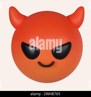 3d emoticon smiling with horns, devil emoji. Red face devil emoji. icon isolated on gray background. 3d rendering illustration. Clipping path. Stock Photo