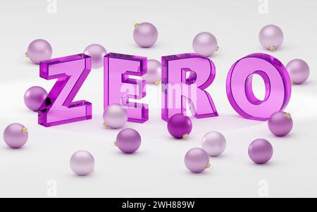 Luxury purple glass inscription zero on grey podium, soft light, front view smooth background, 3d rendering Stock Photo