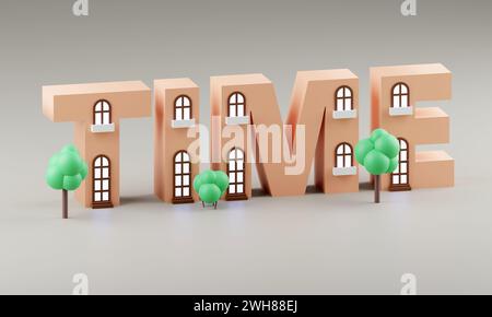 3d Cute little houses on grey background saying time. 3D render Illustration Stock Photo